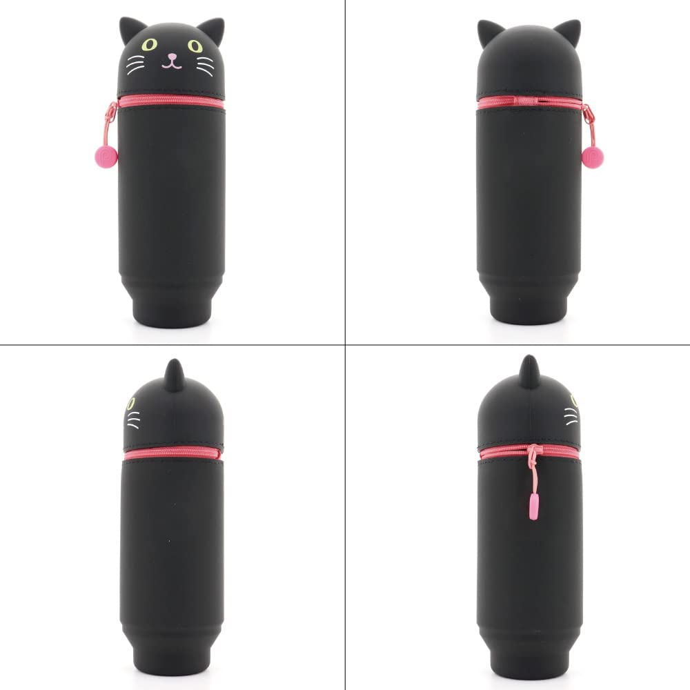 LIHIT LAB Kawaii Japanese Cat Large Stand Up Pencil Case for School Office College, Cute School Supplies, Animal Pen Holder Pencil Pouch Holder Girls, Artist Pencil Case, Black Cat (A7714-3)