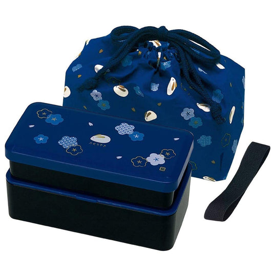 Skater Japanese Traditional Rabbit Blossom Bento Box Set - Square 2 Tier Bento Box, Rice Ball Press, Bento Bag (Blue),3998