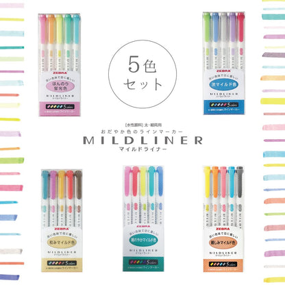 Pack of 5 Zebra Highlighter Mildliner markers with double tips, in soft colours, WKT7-N-5C