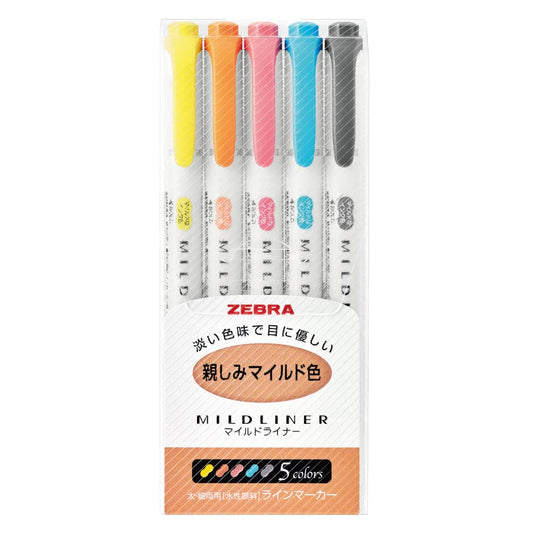 Pack of 5 Zebra Highlighter Mildliner markers with double tips, in soft colours, WKT7-N-5C