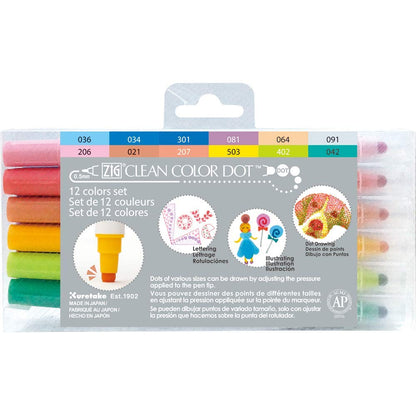 Kuretake ZIG Clean Color DOT 12 colors set, Dual tip, for journaling, Crafts, Illustration, Lettering 0.5mm fine tip on one end and a Flexible dot tip, AP-Certified, Made in Japan