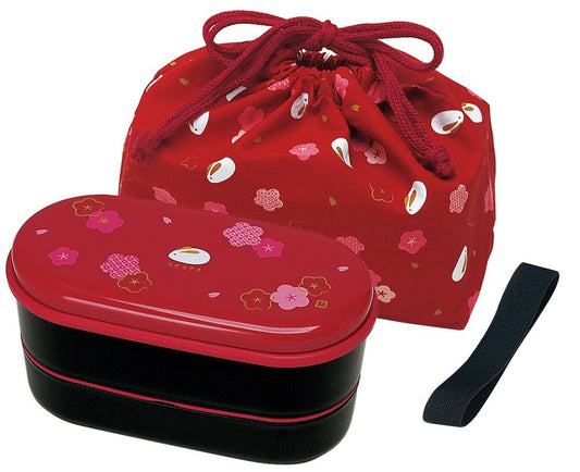 SKATER Japanese 2 Tiers Bento Lunch Box with Belt, Bag Chopsticks, Red Blossom and Bunny