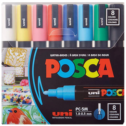 POSCA - uni-ball Mitsubishi Pencil - 8 PC5M Markers - Conical Tip - Classic Colors - Posca Medium Tip - Water Based Paint Markers - Any Support - For Paper, Textile, Glass, Pebble, Wood